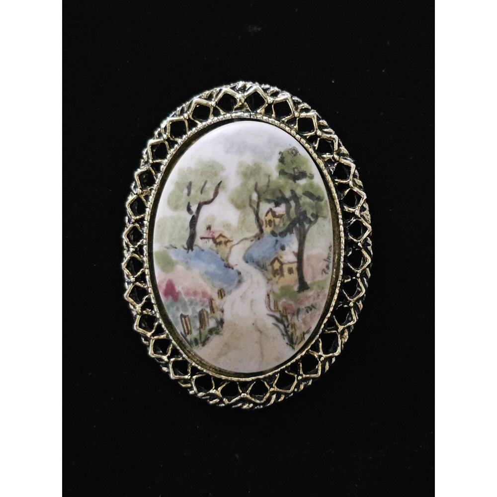 Vintage Porcelain Hand Painted Oval Brooch Pendant Signed Palma